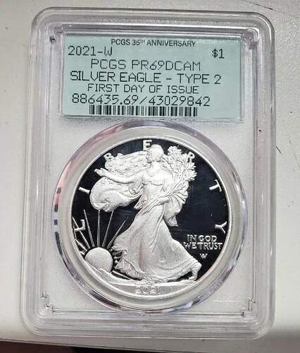 2021-W タイプ2 プルーフ シルバー イーグル PCGS FDI PR69 DCAM-PCGS 35周年記念ラベル