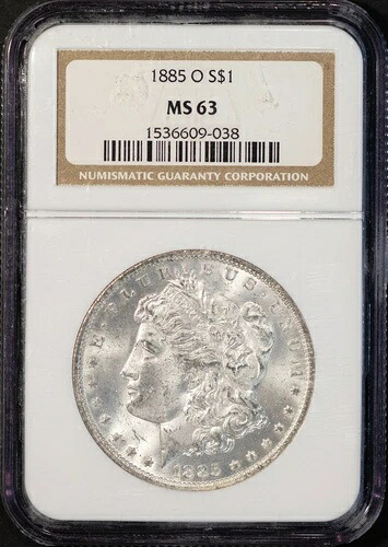 1885-O 1ドルモルガン銀貨 MS 63 NGC # 1536609-038 + ボーナス