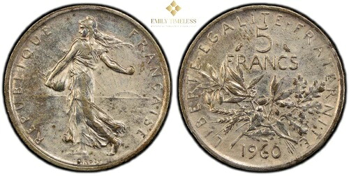 PCGS 認定、フランス、5 フラン、スムーズ、1960 年、パリ造幣局、シルバー