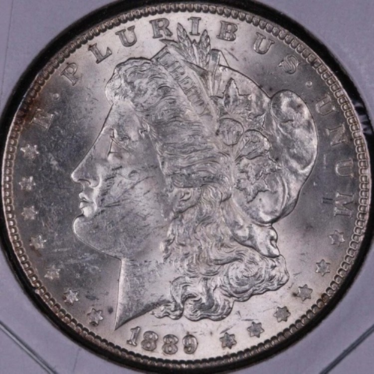 1889年製モルガン銀貨、ジェムミントステート未流通コイン。店舗番号：DR0242