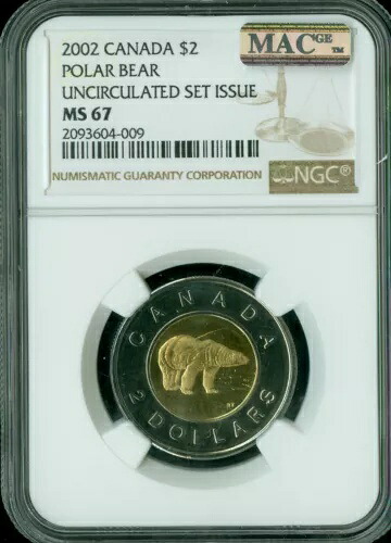 2002年カナダ $2 トゥーニー NGC MS67 PQ ソロ 最高級グレード スポットレス。