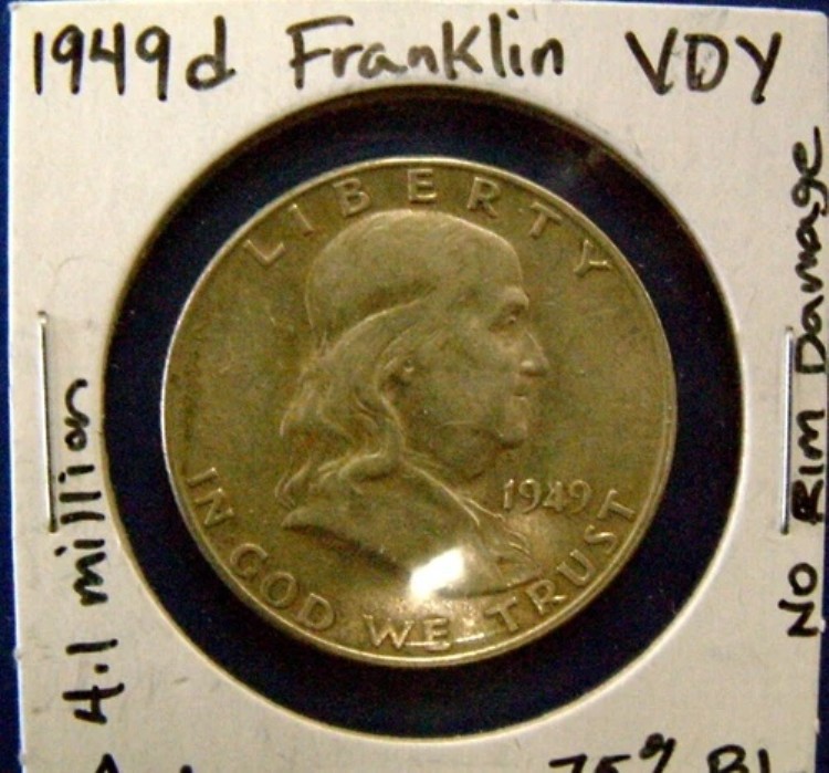 1949年 D フランクリン ハーフダラー MBL CIRC AU トーンキー 米国造幣局発行 銀貨 希少 VDY