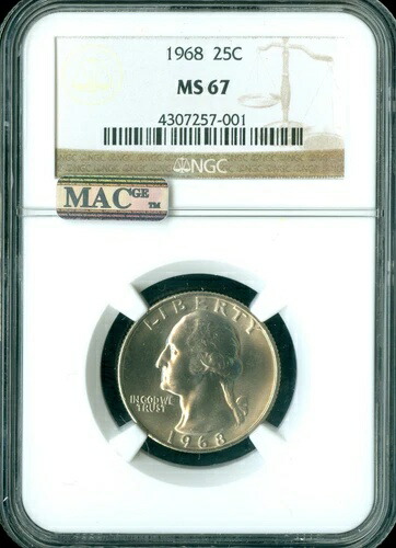 1968年ワシントンクォーター、NGC MS67 PQ、2番目に優れたレジストリMACスポットレス。