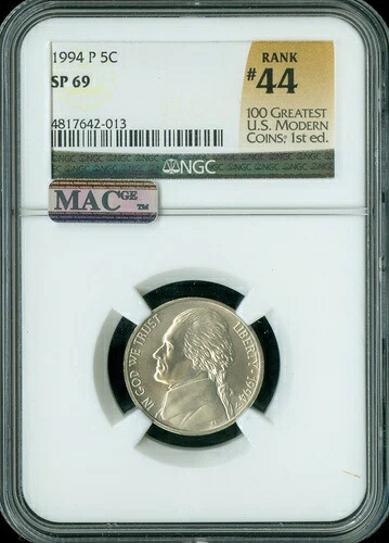 1994 P ジェファーソン ニッケル NGC SP69 2ND 最高級グレード MAC スポットレス プルーフ。