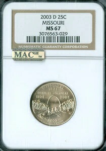 2003 D ミズーリ州 25 セント硬貨 NGC MS67 2ND FINEST MAC SPOTLESS 。