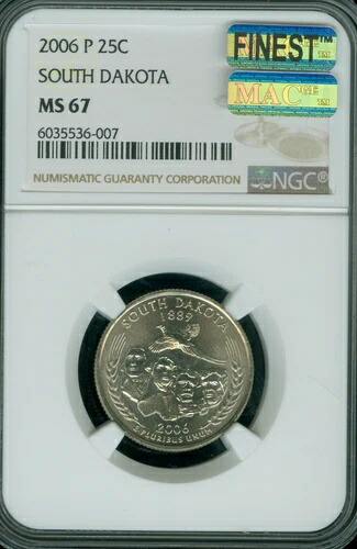 2006 P サウスダコタ クォーター NGC MS67 MAC 最高級ビジネス ストライク スポットレス。
