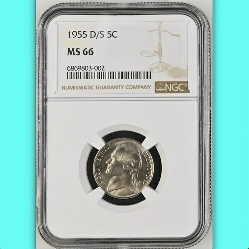 1955-D/S NGC MS66 $975-APR $1,150 PCGS PG! ゴージャスな希少OMMジェファーソンニッケル5C
