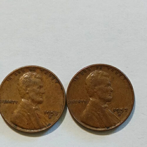 ユニークで希少な1953D & 1957D 2ピースエラーセット小麦ペニー中古/流通品