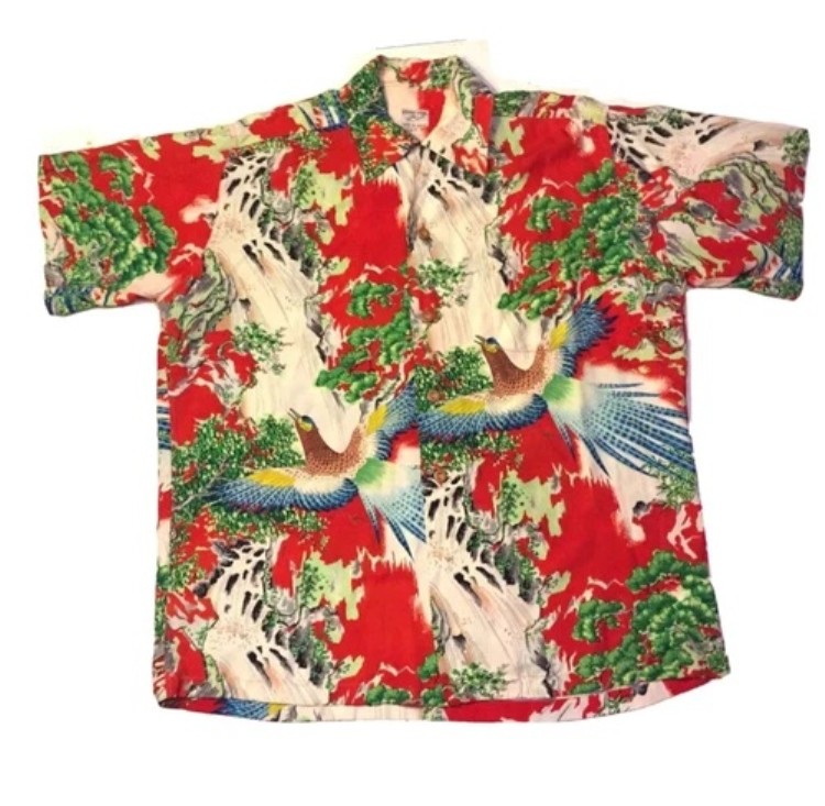 40年代ヴィンテージメンズシャツ フライングフィッシュ ハワイアンレッド 風景画 鳥 サイズなし レア 298,485円