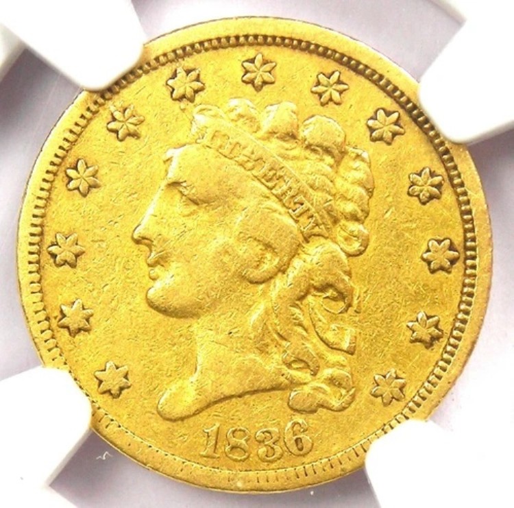 1836 クラシック ゴールド クォーター イーグル 2.50 ドル コイン - NGC VF 詳細認定 - 希少!