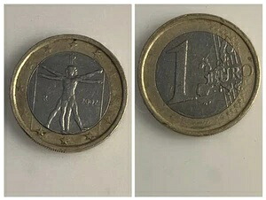 希少な1ユーロ硬貨 イタリア 2002年 レオナルド・ダ・ヴィンチ作「ウィトルウィウス的人体図」