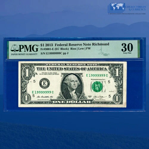 2013年 FRN $1 希少 ファンシー ニアソリッド シリアルナンバー 19999999、PMG VERY FINE 30