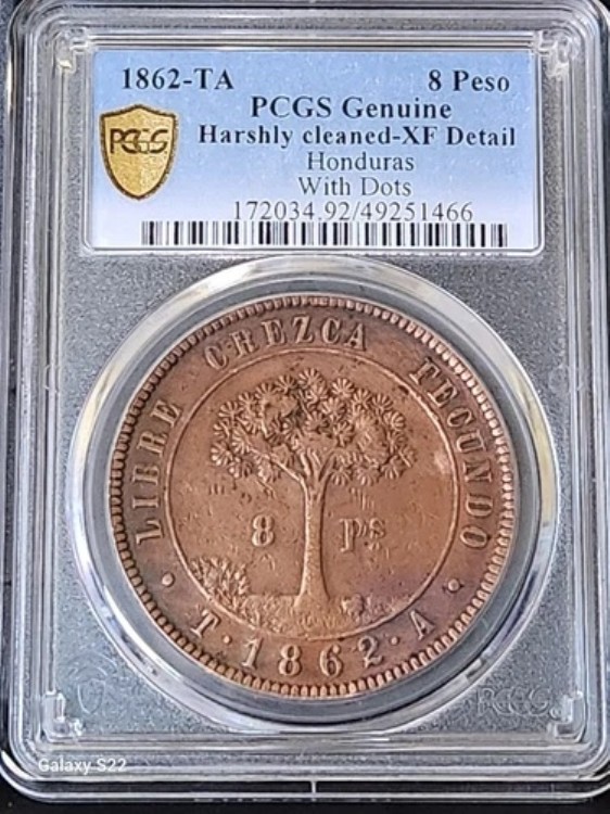 1862-TA ホンジュラス 8ペソ PCGS XF 詳細ドット付き 希少 暫定コイン ポップ 1/8