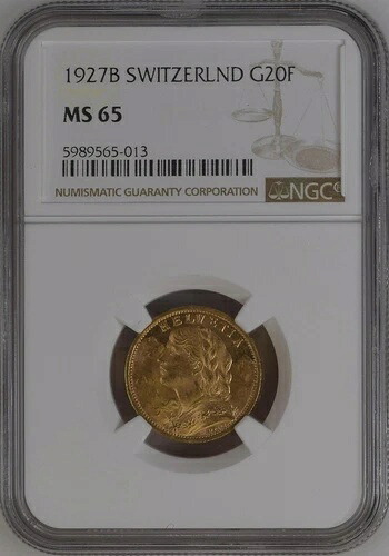 スイス、金貨 20 フラン 1927 B - NGC MS 65、希少1