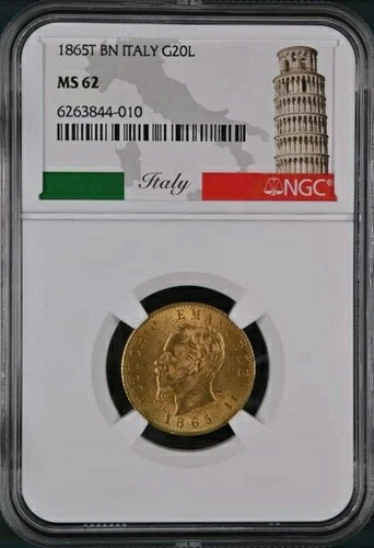 イタリア、金貨 20 リラ 1865 T BN - NGC MS 62、RARE2