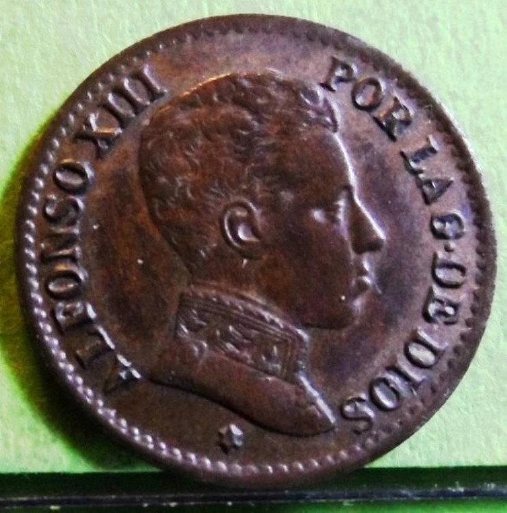 レア、ALFONSO XIII、1 Centimo、1906 スター 6、SM-V、VF+ コッパー、スペイン