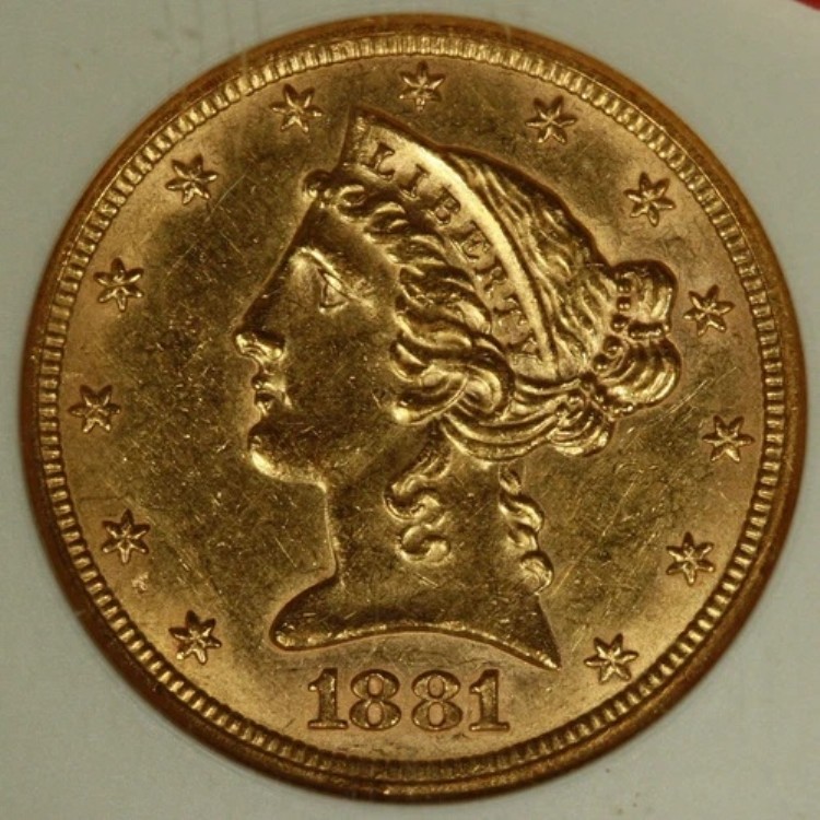 1881年 リバティ・ハーフイーグル ハーフイーグル 5ドル ANACS 未流通ディテール。Breen 6714。希少