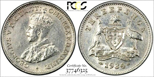 オーストラリア 1934/3 スリーペンス オーバーデート 少鋳造数 キーデート PCGS グレード AU53 希少 475,200円