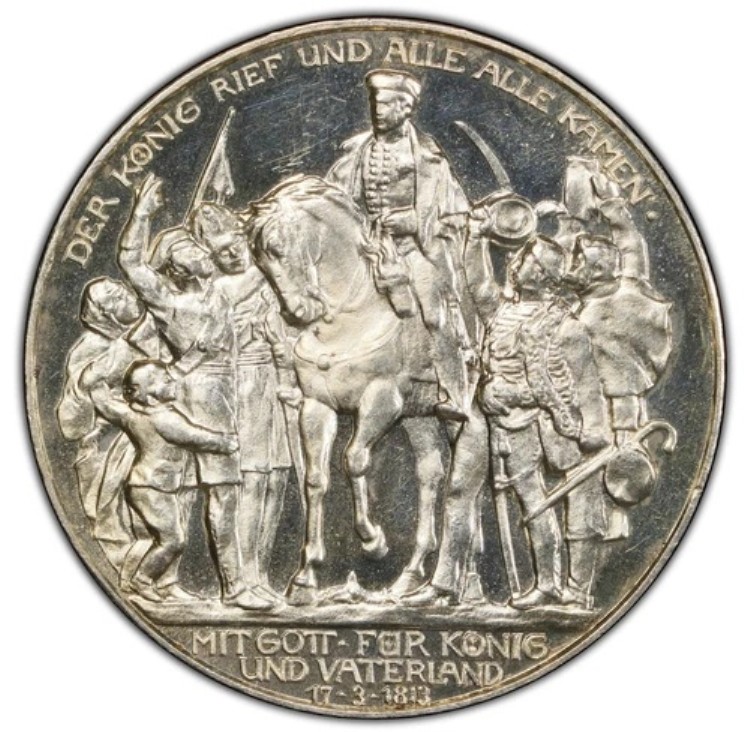 1913 年 プロイセン 3 マルク - 100 周年 J-110 - PCGS プルーフ 63 カメオ - 非常に珍しいカメオ!