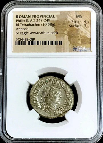 247-249年 ローマ アンティオキア 2 テトラドラクマ フィリップ2世 カエサル NGC ミント ステート