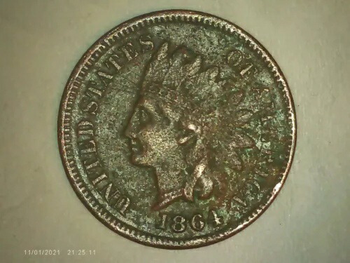 1864年インディアンセントペニーブロンズオフセンター1セント3.08g 355,410円