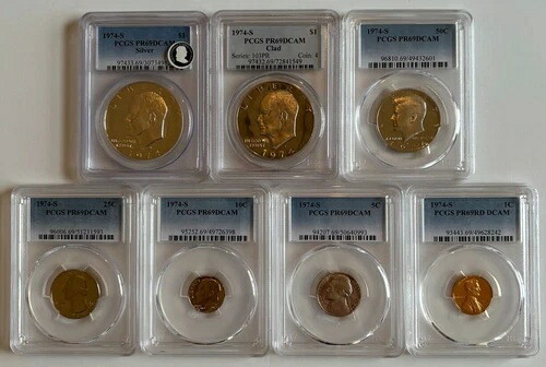 1974年 S US 7枚 プルーフコインセット（Ike Silver $1付き）~PCGS PR69DCAM~$1-50C-25C-10C-5C-1C｜WORLD RESOURCE【KING店】