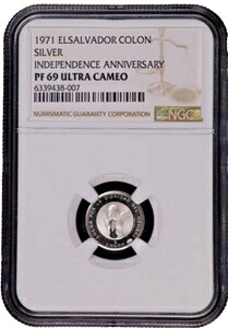 エルサルバドル 1971年 プルーフ シルバー 1 コロン NGC グレード PF 69 ウルトラカメオ