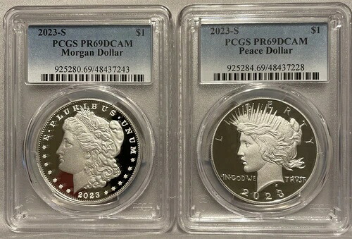 2023-S プルーフ 1ドル モルガン＆ピース シルバー ダラー 2枚セット PCGS PR69DCAM ブルーラベル