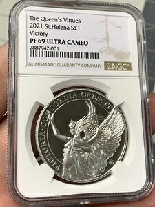 2021年 セントヘレナ クイーンズ・ヴァーチューズ・ビクトリー 1オンス シルバーコイン NGC PF 69 UCAM