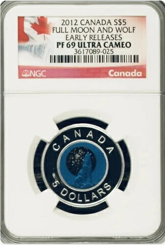 2012年 フルムーンウルフ カナダ 5ドル スターリングシルバー + ニオブコイン NGC PF69 ER｜WORLD RESOURCE【KING店】