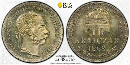 1868-KB ハンガリー 10 Krajczar PCGS PR66 再鋳造プルーフ