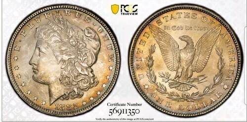 1882年 P 米国 $1 モルガン銀貨 PCGS MS63 - 美しい色調 - スラブ 1350