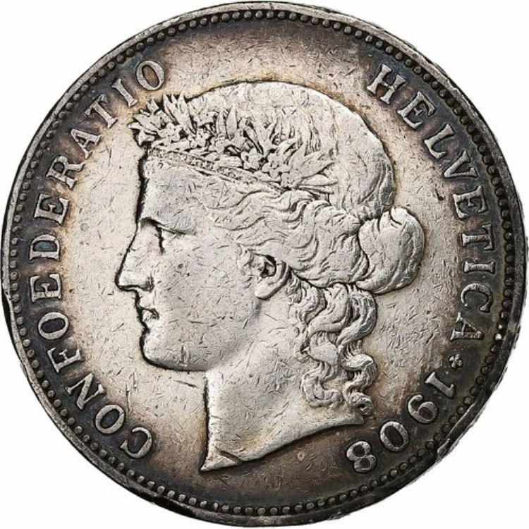 [#1048050] スイス、5フラン、1908年、ベルン、銀、VF、KM:34