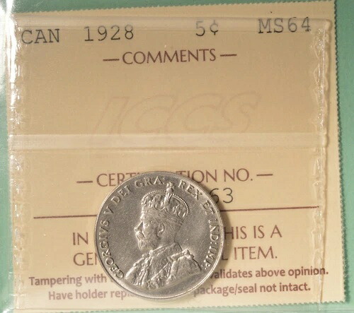 1928年カナダ5セント - グレーディング済み - ICCS MS-64 シリアル番号 XGY 263|WORLD RESOURCE【KING店】