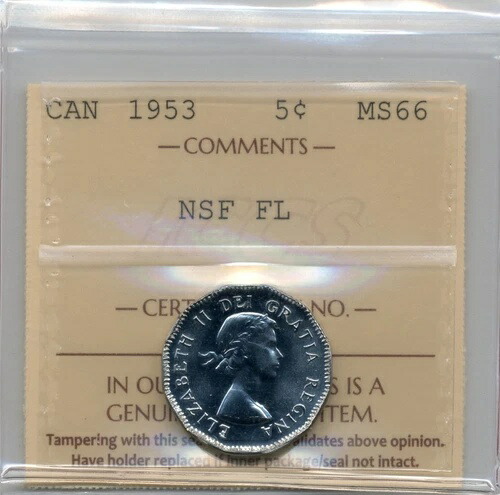 1953年カナダ5セント、肩折りなし、裏葉 - ジェムアンサーキュレート、ICCS MS 66