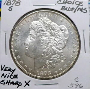 1878-S 1ドル モルガン銀貨、CH BU+/MS、NICE+、白、シャープ X C596