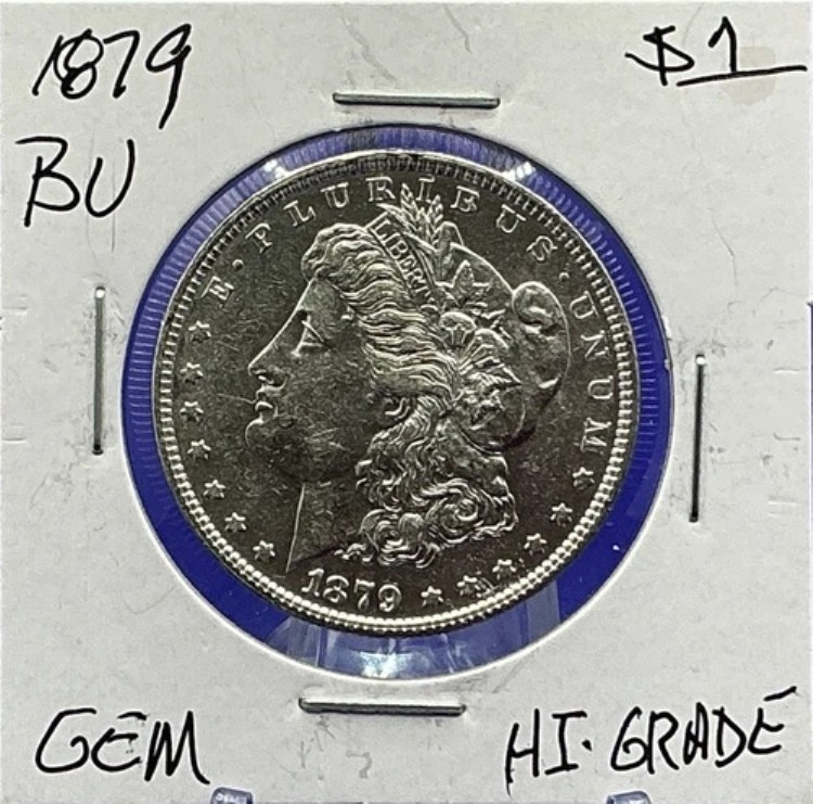 1879年モルガン90%銀貨ジェム、光沢があり、明るく、よく打たれた2年目のコイン