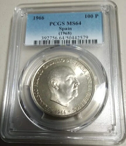 :1966(68) S100 ペセタ スペイン フランコ ニアジェム PCGS MS64 希少 R6 10/34 高グレード｜WORLD RESOURCE【KING店】