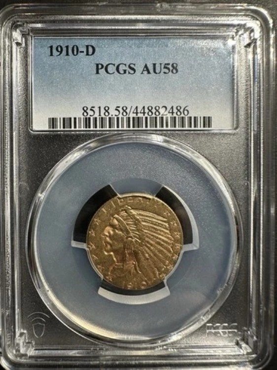 1910-D 5ドル インディアンヘッド ゴールド ハーフイーグル PCGS AU58