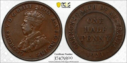 オーストラリア 1923年 ハーフペニー キーデイト ローミント レア PCGS グレード XF #06