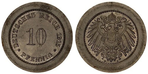 Kaiserreich 10 Pfennig 1915 J.298 Vz の非常に珍しいサンプル、ザポニエルト 122242