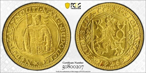チェコスロバキア - チェコ共和国、金貨 1 ドゥカット 1926年 クレムニツァ造幣局 PCGS MS 65、希少2