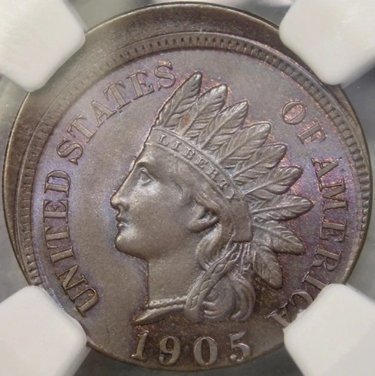 1905年インディアンヘッドセント/ペニー希少紫色調の美しさNGC MS 65 BN 15%オフセンター