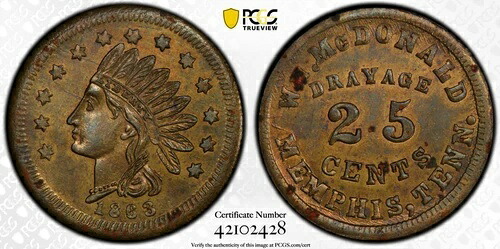 1863年 TN F600D-1b、メンフィス - Wm. McDonald PCGS MS62 R9 - トップポップ 1/0 - 光沢|WORLD RESOURCE【KING店】