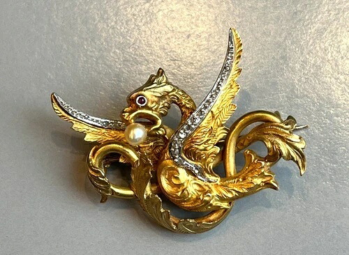 アンティーク フランス 希少ゴールド 18K ブローチ キメラ ドラゴンシェイプ パール 19世紀｜WORLD RESOURCE【KING店】