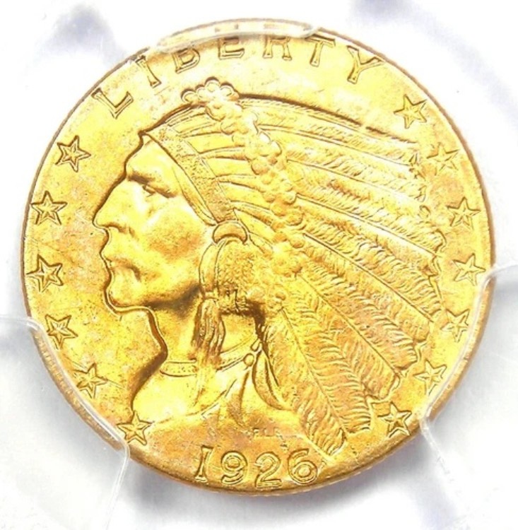 1926 年インディアン ゴールド クォーター イーグル 2.50 ドル コイン - PCGS MS65 認定 - 3,000 ドル相当!