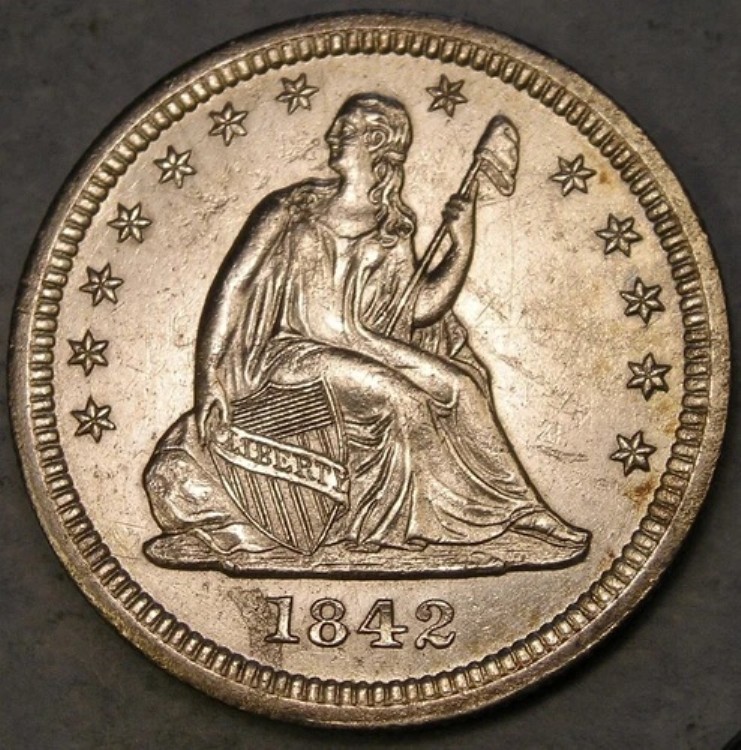 1842年 自由の女神座像 銀貨25セント硬貨 豪華なドレープと羽根飾り付き|WORLD RESOURCE【KING店】