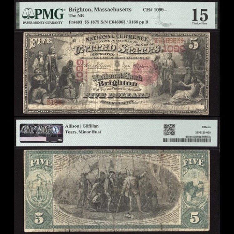 1875 $5 ナショナル - ブライトン、マサチューセッツ州(チャーター1099) - Fr. 403 - PMG 15|WORLD RESOURCE【KING店】