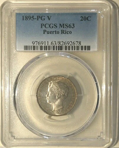 プエルトリコ 1895-PG V 20センターボ PCGS MS63 このグレードでは非常に希少|WORLD RESOURCE【KING店】