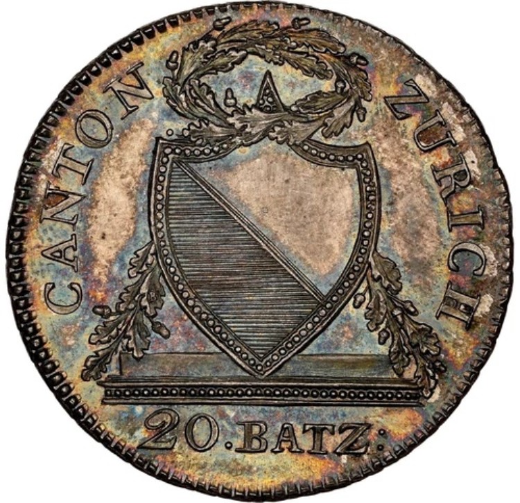 スイス - 1826年チューリッヒ20バッツェン - NGC MS65+ - 希少宝石 - グレードは3つのみ